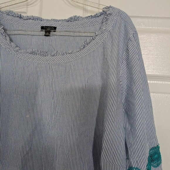 Talbots Stripe Shirt Womens Size 2X Blue 3/4 Sleeves Boho Lace Ruffle Cotton - Picture 2 of 15